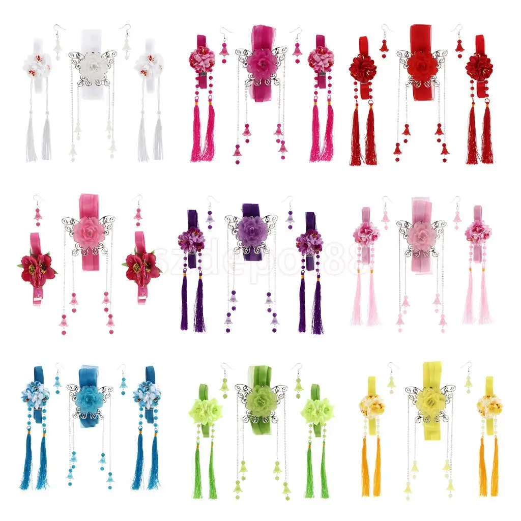 Ribbon Flower Chain Tassel Ancient Chinese Headdress Clip & Beads Dangle Earring Set Bridal Wedding Cosplay Party Hair Jewelry