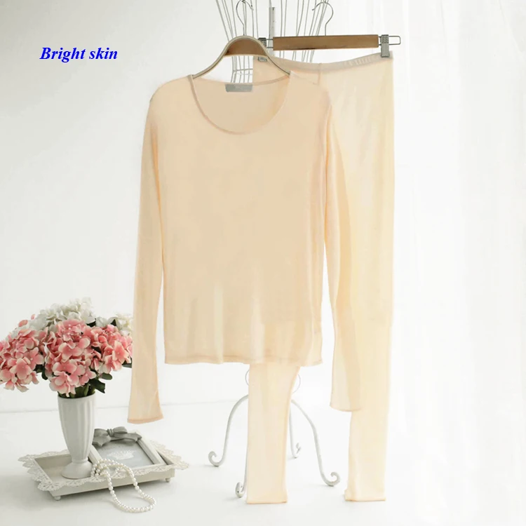 100% Silk Knitted Lady Round Neckline Long Johns Double-faced Knitted Pure Silk Long Sleeve Underwear Set Women With Gift Mask