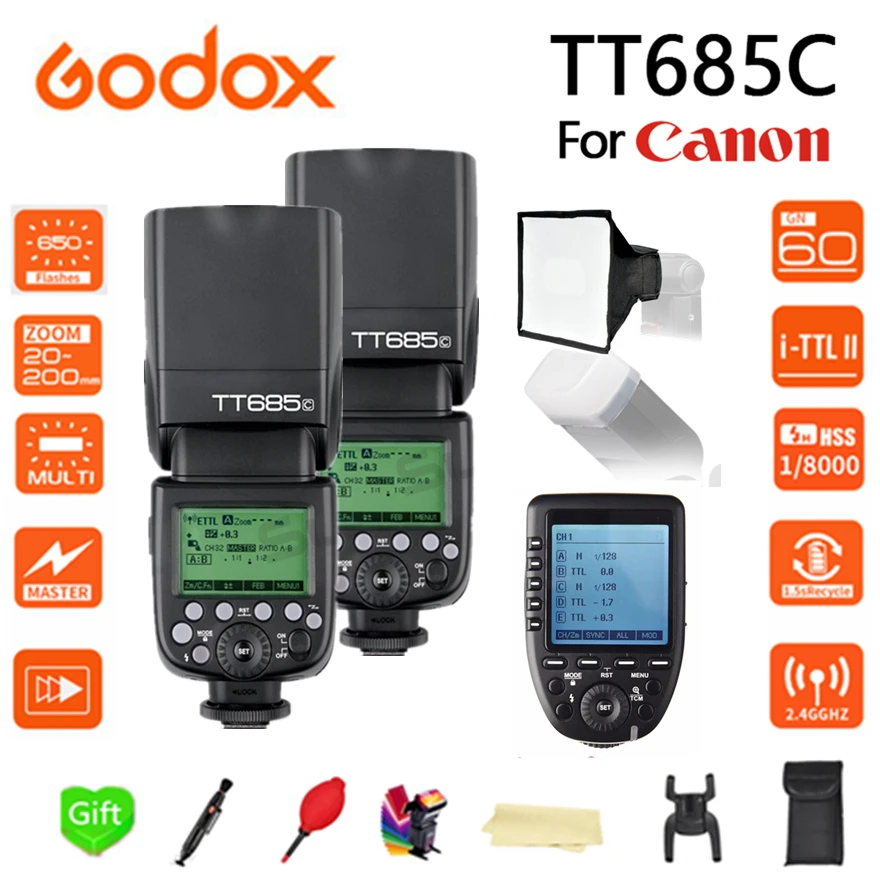 

2x Godox TT685C High-Speed Sync External TTL Speedlite Flash + XPRO-C + 15*17cm softbox + Color filters For Canon 1100D 1000D 7D