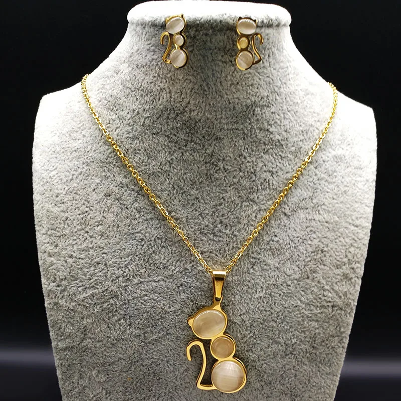 2018 moda gato ópalo pendientes de acero inoxidable collar mujeres oro Color joyería conjuntos juego de joyeria de acero gato 178554