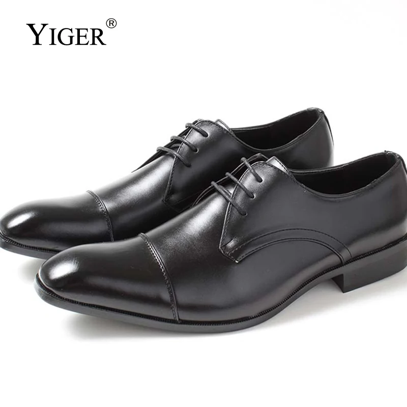 

YIGER New Men Dress shoes Genuine Leather Pigskin Man Business shoes Lace-up Black Brand high-end men's shoes wedding shoes 0261
