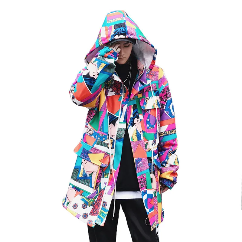 Новая цветная Лоскутная Женская куртка в стиле хип-хоп со съемным капюшоном, куртка-бомбер, уличная длинная куртка с геометрическим рисунком, chaquetas color idas - Цвет: multi