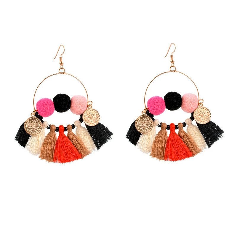 

2019 New Women Tassel Earrings Boho Bohemian Long Pom Pom Dangling Earrings Women's Personalized Fashion Drop Earrings