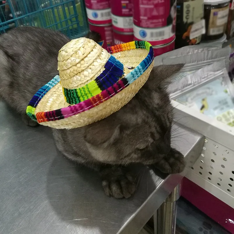 Мини соломенная шляпа для домашних животных Sombrero Cat от солнца пляжные вечерние