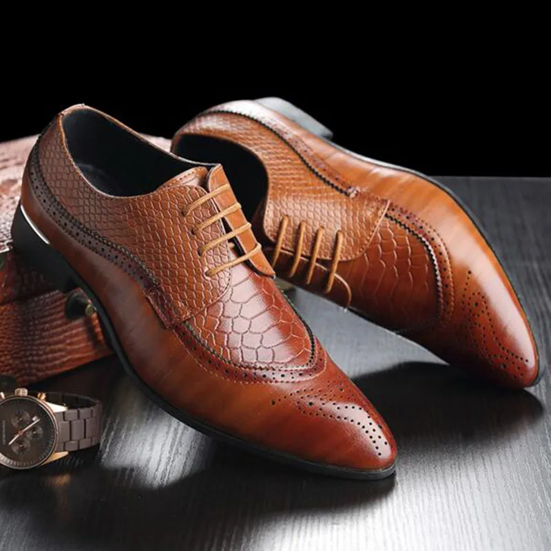 

Men Spring Autumn Genuine Leather Brogue Shoes,Breathable Non-slip Pointed Toe Solid Color Lace-up Leather Flats Shoe Size 38-48