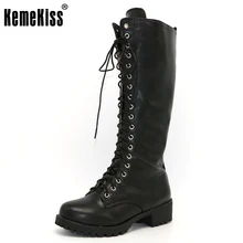 KemeKiss New Designer Womens Square Low Heel Riding Motorcycle Heel Knee High Boots Punk Gothic Platform Lace Up Shoes Size34-43