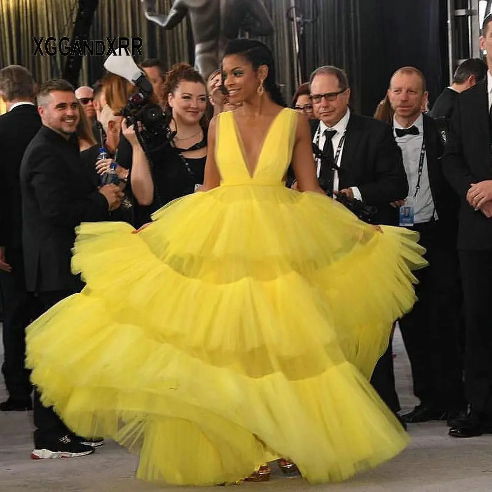 Us 164 68 8 Off Amazing Yellow Celebrity Dress 2019 Y V Neck Backless Ruffle Tiered Long Red Carpet Dresses Woman Formal Gown Plus Size In Us 164 68 8 Off Amazing Yellow Celebrity Dress 2019 Y V Neck Backless Ruffle Tiered Long Red Carpet Dresses Woman Formal Gown Plus Size In