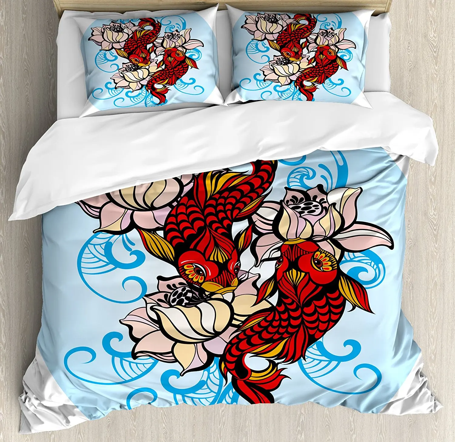Koi Fish Duvet Cover Set King Size Hand Drawn Eastern Culture Artwork