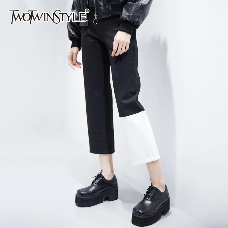 

TWOTWINSTYLE Patchwork Hem Straight Pants For Women Autumn Big Size Hig Waist Calf Length Pants Female Black Trousers Casual