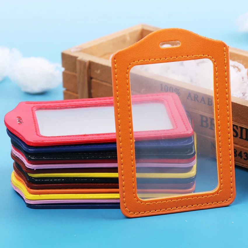 Image 4PCS lot PU Leather ID Badge Case Clear and Color Border Lanyard Holes Bank Credit Card Holders ID Badge Holders Accessories