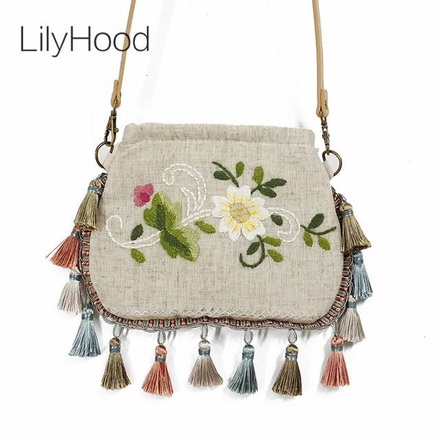 Lilyhood Handmade Embroidery Burlap Flap Small Shoulder Bag Women Lilyhood Handmade Embroidery Burlap Flap Small Shoulder Bag Women Fashion Flower Retro Rustic Shabby Chic Fringed