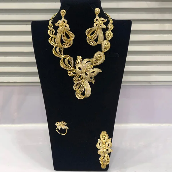 GODKI Luxury Trendy Flowers Nigerian Jewelry sets For Women Wedding Cubic Zircon CZ Dubai Gold Bridal Jewelry Set - Окраска металла: Gold