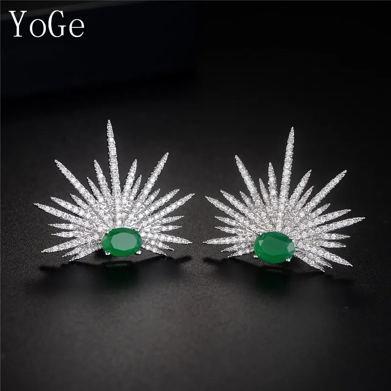 YoGe, свадебные и вечерние ювелирные изделия для женщин, E1235G, модные AAA CZ серьги-гвоздики в форме подсолнуха с зеленым камнем