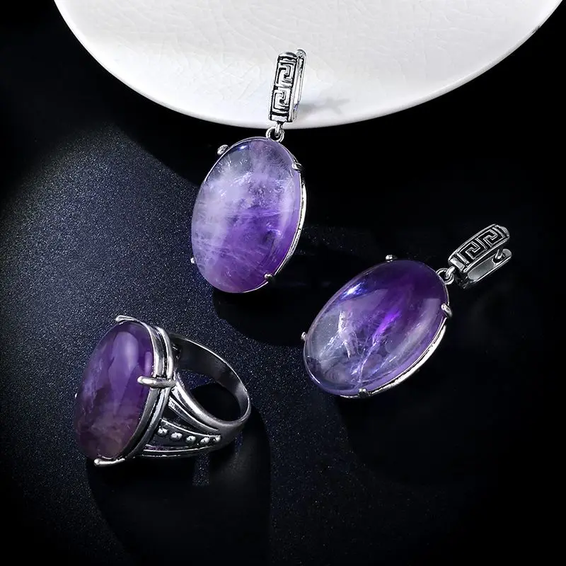 Брендовые новые винтажные Женские Ювелирные наборы, большие круглые серьги с камнями, кольца с камнями для женщин, индийские ювелирные наборы rige65 - Окраска металла: purple