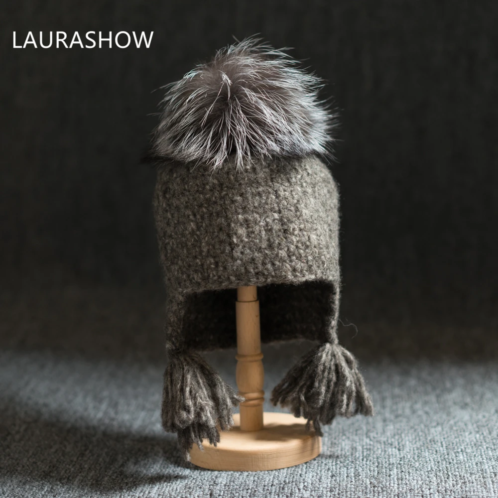 LAURASHOW/детская зимняя брендовая шапка 16 см из натурального меха лисы и норки, шапка с помпонами для девочек, вязаная шапка, шапка Skullies, Детские шапочки