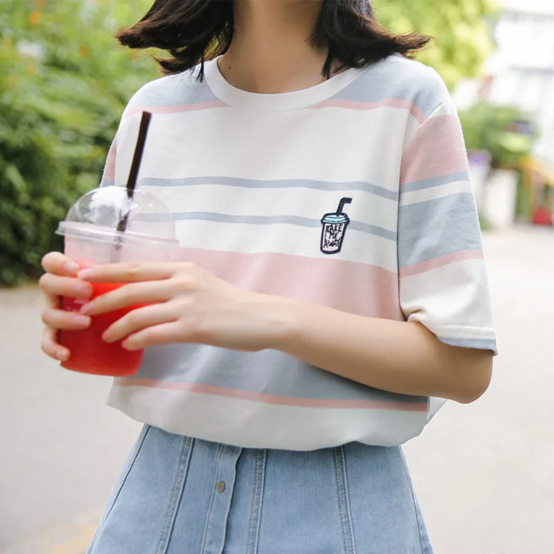 Ulzzang verano Tops camiseta para mujeres 2018 dulce a colegiala Top camiseta coreana moda ropa Tumblr|Camisetas| AliExpress