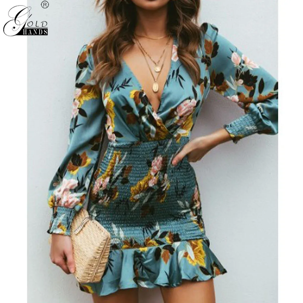 

Gold Hands Ruffled Long Sleeve Dress Bohemian Floral Print Women Dress Sexy Deep V-neck Elastic Ruched Waist Short Mini Dress