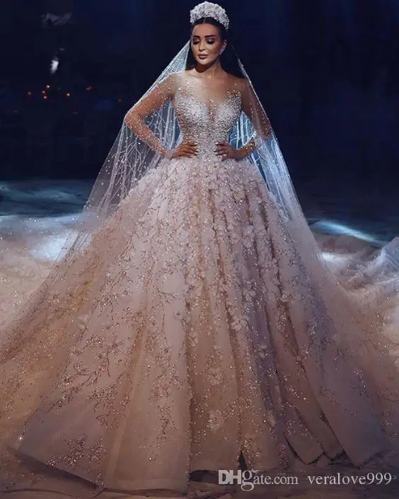 

Luxurious Ball Gowns Wedding Dresses 3D-Floral Appliques Lace Sheer Neck Wedding Dress Bridal Gowns Pearls Bead robe de mariee