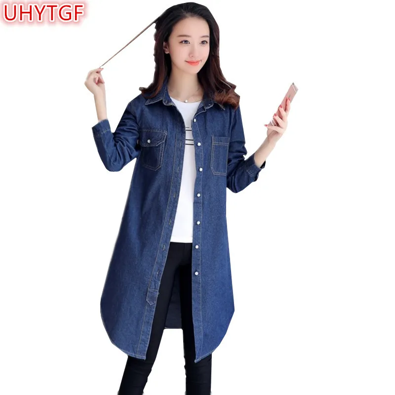 

UHYTGF Casual Spring Autumn Denim Trench Coat Long section Loose Tops Plus size Ladies Jeans Windbreaker Coat Single-breasted 82