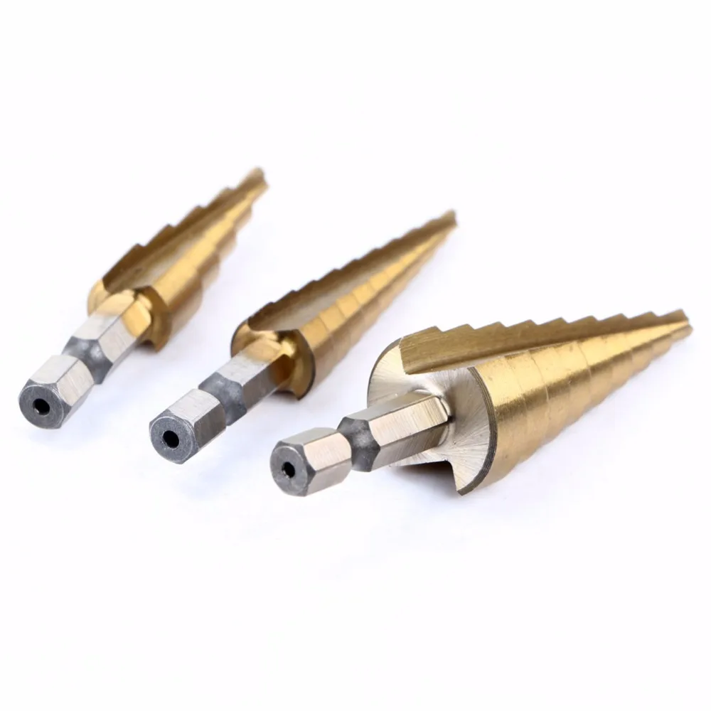 3pc Multifunction HSS Metric Titanium Metal Hex Step Drill Bit Set With