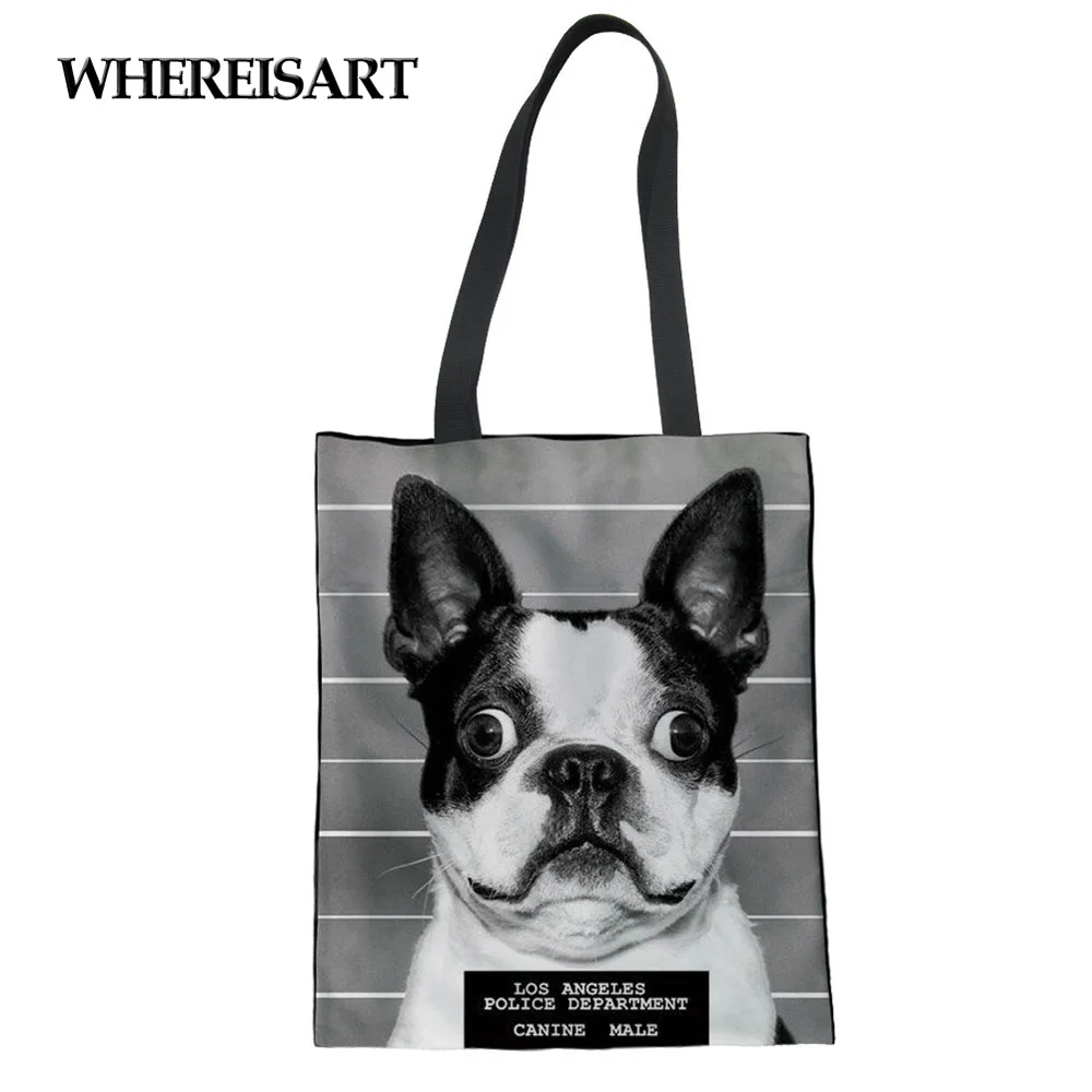 WHEREISART женская сумка-тоут, сумка-шоппер, Холщовая Сумка Bulldog, Экологичная сумка, портативная хлопчатобумажная ткань, одежда, сумка на плечо