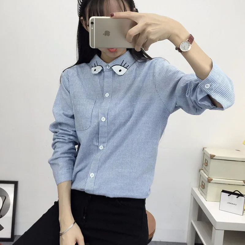 2016 New Spring and Autumn Womens Shirt Blouse Cat Embroidery Long Sleeve Women Shirts Casual Tops Size M-XL16