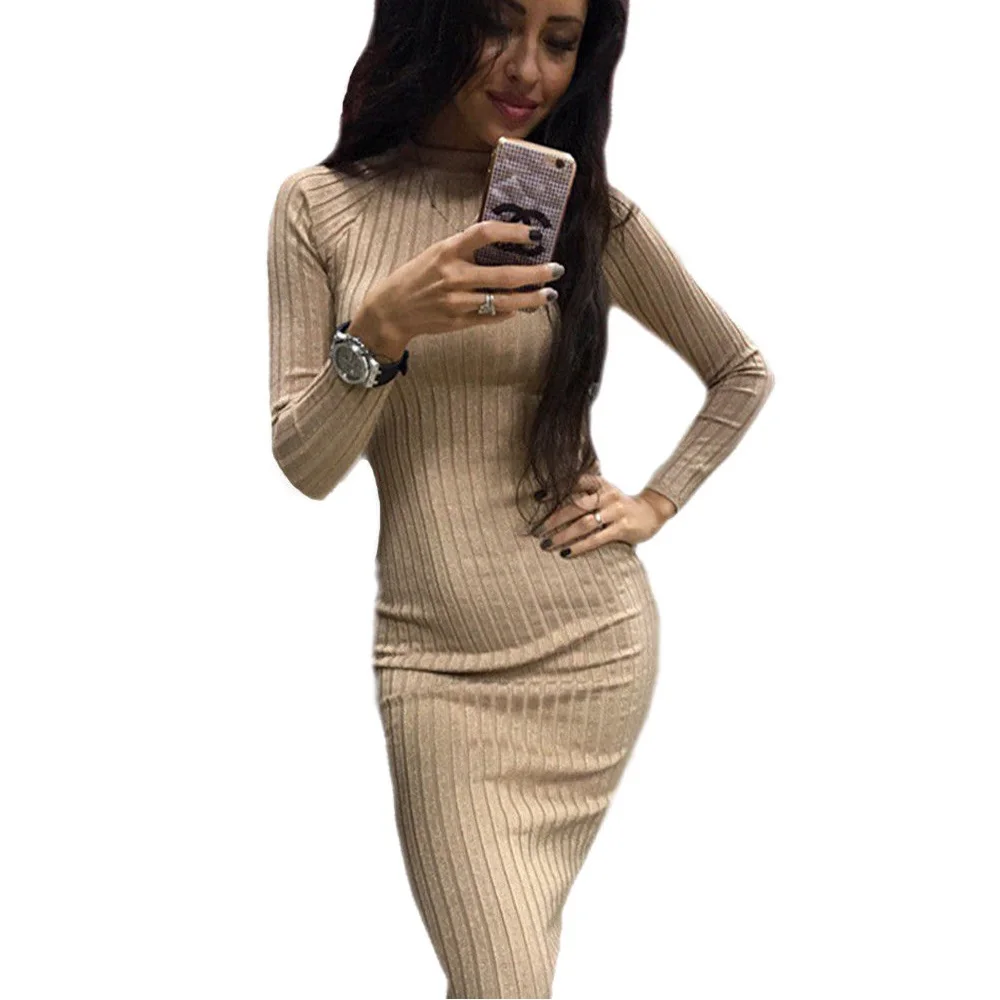 

NEW 2018 Women Spring Long Sleeve Knit Bodycon Sweater Mini Dress Knitwear