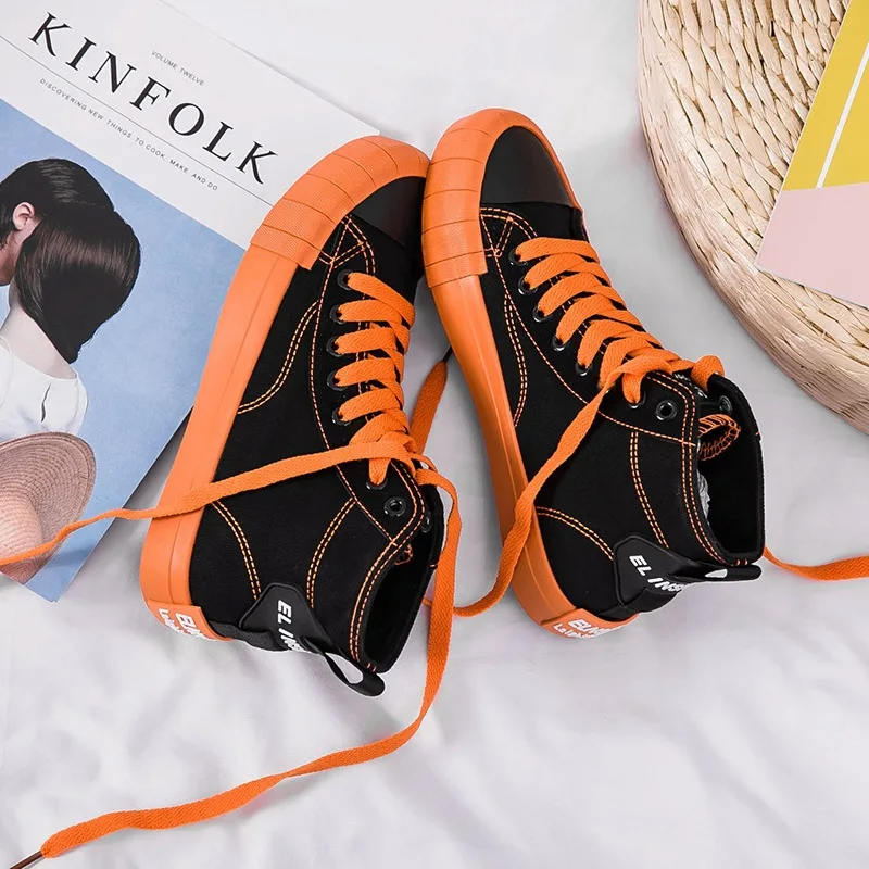 Модная парусиновая женская обувь; яркие оранжевые высокие женские повседневные кроссовки; дышащая женская обувь для отдыха на платформе