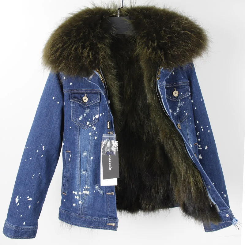 Fourrure Parkas D'hiver Veste 6 Raton Denim 2 Laveur Maomaokong Réel 3 Femmes Doublure Outwear 4 Chaud Naturel 1 De Épais 7 2018 8 Manteau Col Ewx56wB0tq