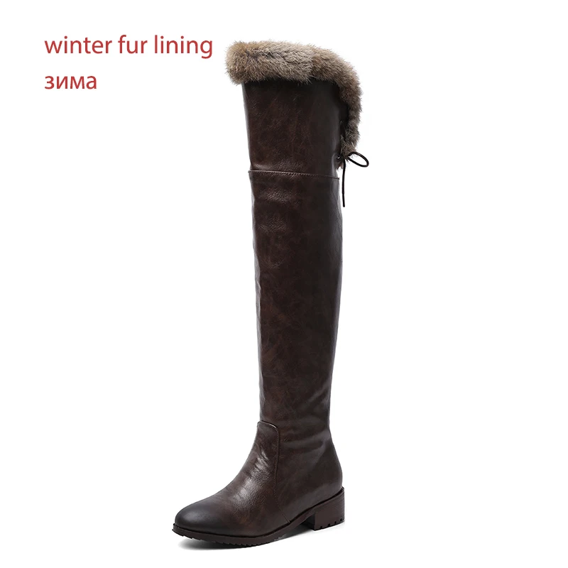 WETKISS/Сапоги на толстом каблуке Женские Сапоги выше колена женская обувь с искусственным мехом женская повседневная обувь с круглым носком зимняя обувь, большие размеры 34-48 - Цвет: brown  fur