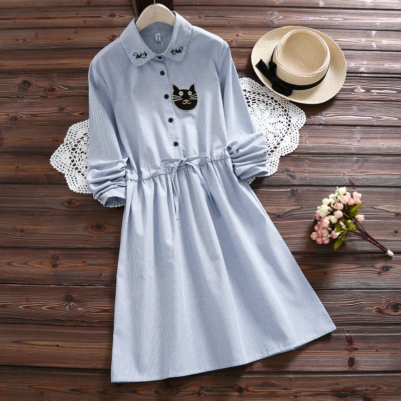 MSSNNG 2018 Spring Autumn Women Cat embroidery Dress Casual Trun-down Neck Long Sleeve Elastic Waist Dresses Dropshipping (7)