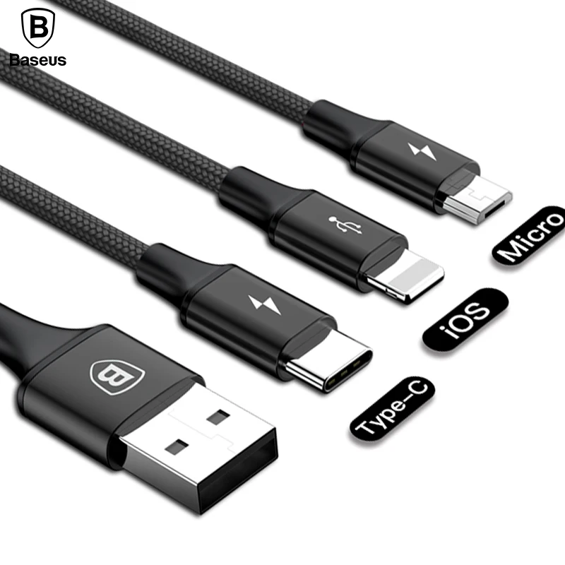 Goede Baseus USB Kabel Voor iPhone X 8 7 6 Opladen Charger 3 in 1 Micro USB Kabel Voor Android USB type c Type c Mobiele Telefoon Kabels