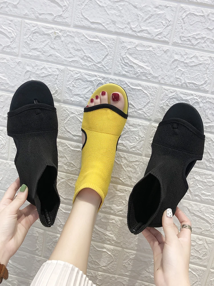 

New Fashion Summer Hollow Women Boots Autumn Knitted Flat Heel Boots Casual Stretch Fabric Solid Flat Sandals