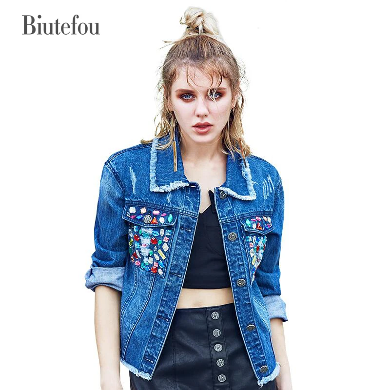 Spring diamonds Embellishment Denim jacket women beading rivet handwork
