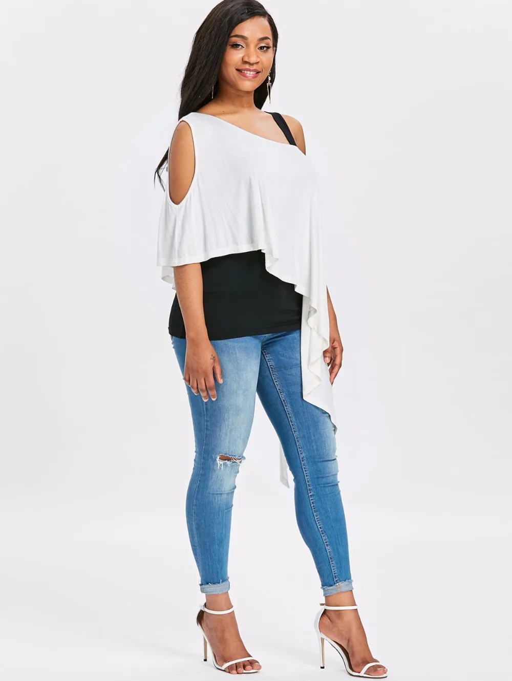 VESTLINDA Skew Collar Color Block Black White Overlay Asymmetrical Tee Two Tone T Shirt Women Casual Tops Summer 2018 T-shirt 4