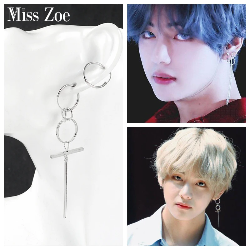 11Styles Silver Feather Loop Chain Earrings Danglers Korean Idol K-Pop Fashion Ear buckle Charm Ear Jewelry for ARMY Fans