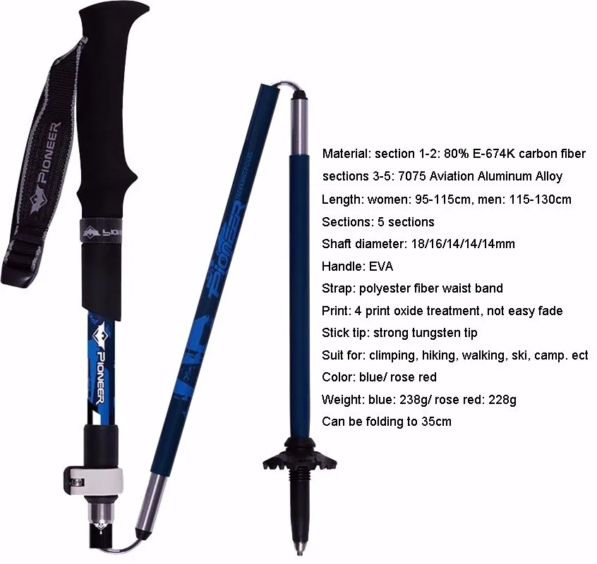 Pioneiro ao ar Fibra de Carbono Livre Pólo Caminhadas Bengalas Varas Nórdicos Bengala Dobrável Ajustável 5-seção Escalada Trekking Pólos 2 High Quality Esporte e Lazer
