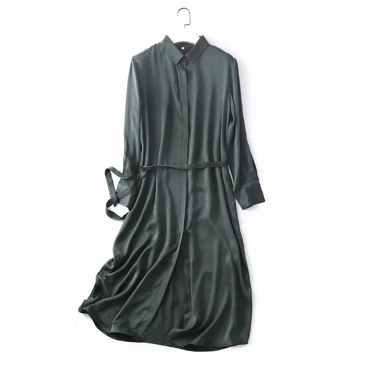 Женское Летнее шелковое платье винтажное темно-зеленое платье из натурального шелка элегантное платье повседневное праздничное длинное платье-рубашка из натурального шелка