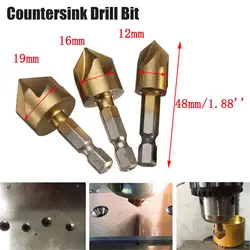 3 шт./компл. 12/16/19 мм шестигранным хвостовиком Титан пять флейты Зенковка закругления кромок сверло