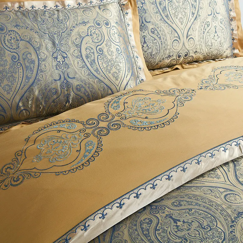 Waliicorners Gold Silver Beige Luxury Silk Jacquard Bedding set Queen King size Duvet cover set Embroidery Bed sheet Linen set Pillowcases 54 IMG_5821