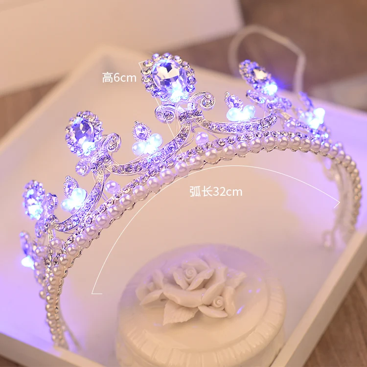 

HG061L Blue Luminous Palace Headdress Rhinestones and Pearl Crown Wedding Hair Accessories Battery Not Included