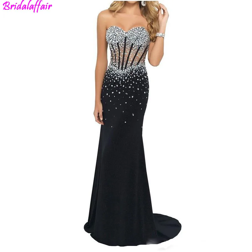 

Sexy Sweetheart Black Mermaid Prom Dresses 2019 Hot Purple Evening Dress Black Chiffon Crystal Sleeveless Long Party Dress