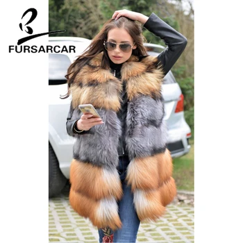 

FURSARCAR 2019 Real Fur Vest Women Winter Natural O-Neck Fox Fur Vests Long Fox Fur Waistcoat High Quality Fur Patchwork Gilet