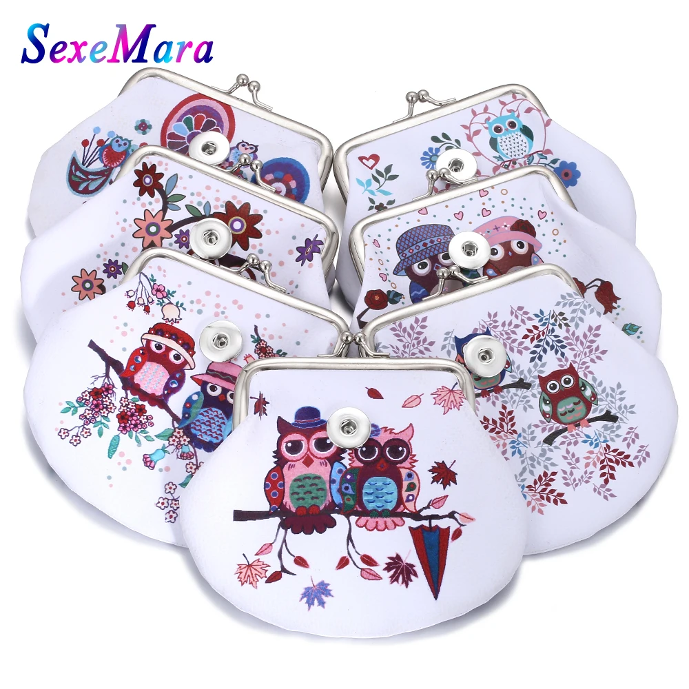 

2019 New Multi Style 18mm Snap Buttons Jewelry Fashion Owl Coin Purses Anime Wallets Pouch Kids Girl Women's Money Bags for Gift
