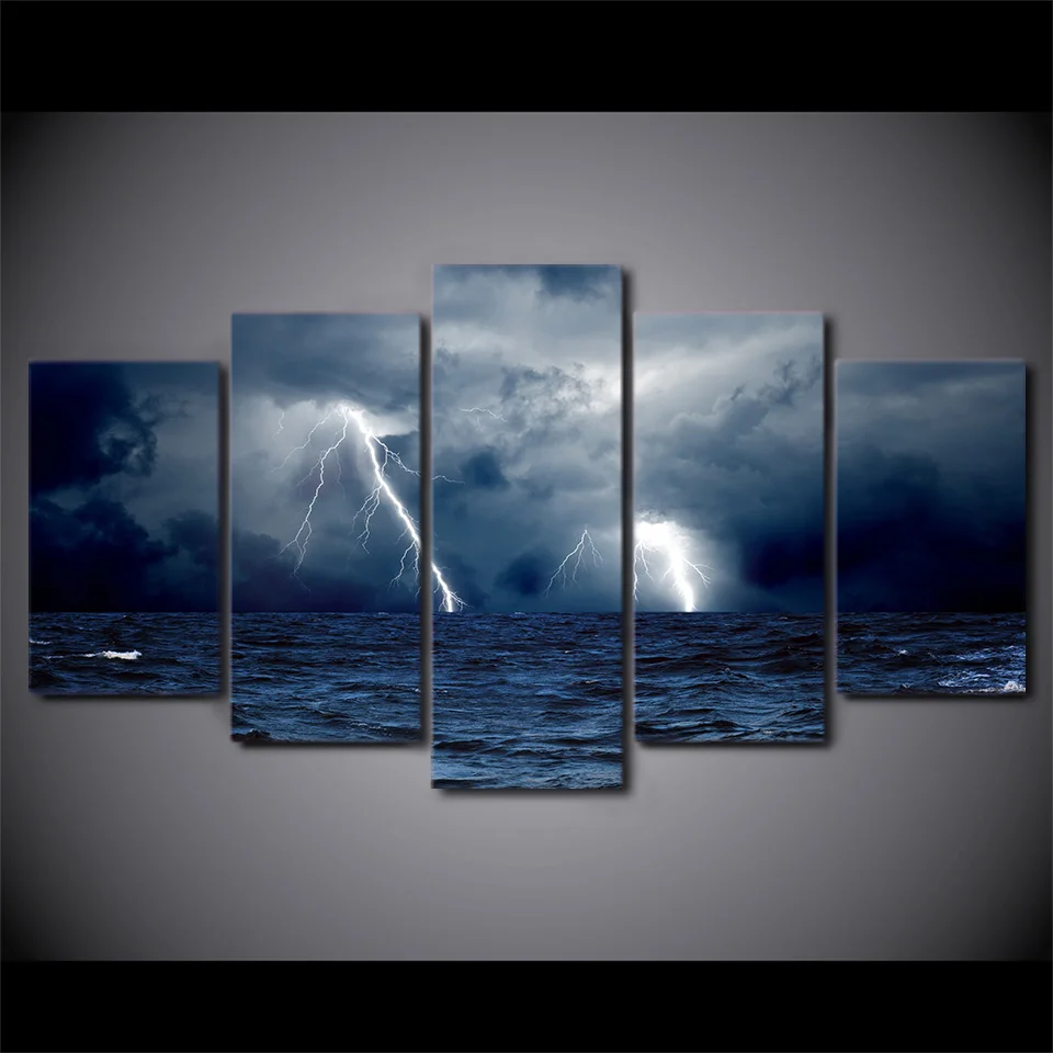 

HD print 5 piece canvas cloud waves sea ocean storm lightning Painting seascape painting home decoration Free shippingMH-5777