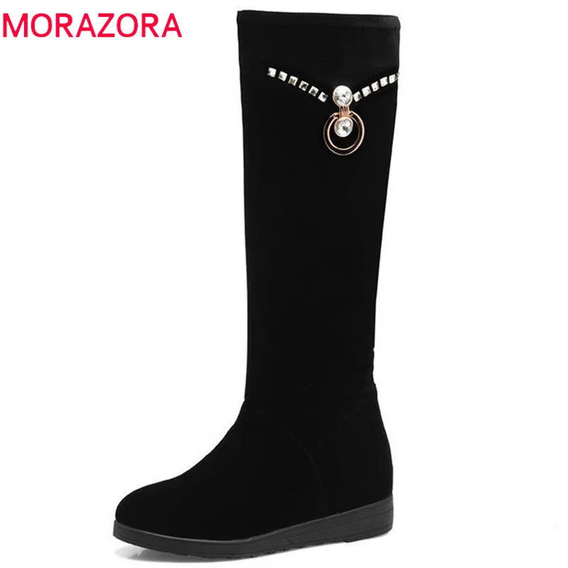 

MORAZORA 2020 new arrival knee high boots women flock round toe ladies autumn winter boots solid colors fashion shoes woman