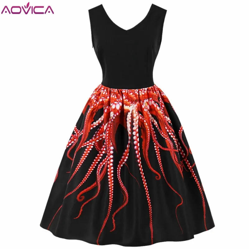 

Aovica Audrey Hepburn Vintage Dress Black Octopus Print Summer Retro Dress Summer 4XL 3XL Plus Size Rockabilly Feminino Vestidos