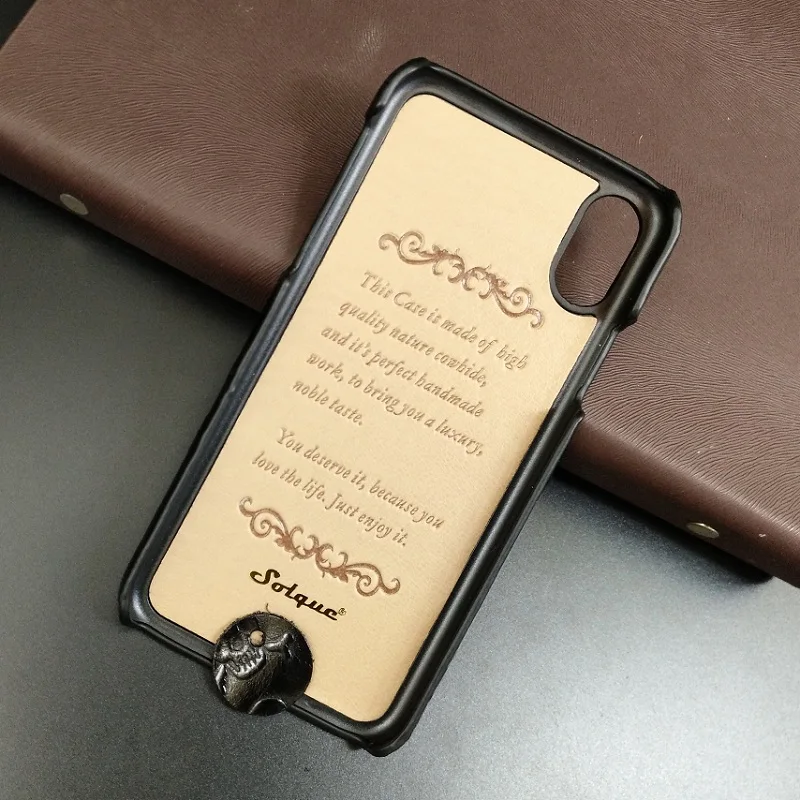 Solque Real Genuine Leather Case For iPhone X 10 Cell Phone Luxury Leather 3D Skull Ultra Slim Hard Cover for iPhoneX Cases