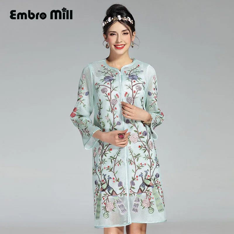 High end floral summer women trench coat dress long sleeve embroidery