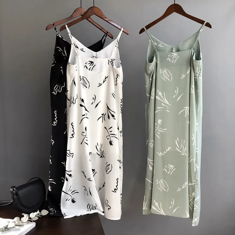 

Fashion Summer 2019 White Tank Dress Straight Women Casual Print Black Long Slim Cami Beach Dress